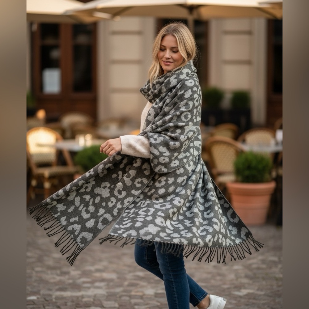 Gray Leopard Print Fringe Shawl